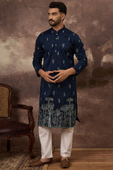 Navy Blue Silk Blend Solid Embroidered Straight Kurta MKU1334