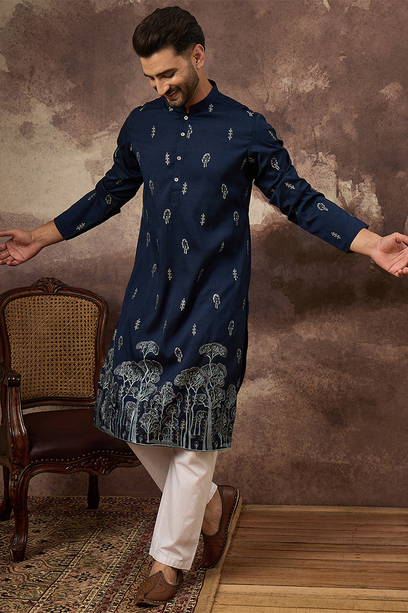 Navy Blue Silk Blend Solid Embroidered Straight Kurta MKU1334