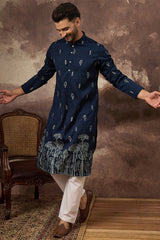 Navy Blue Silk Blend Solid Embroidered Straight Kurta MKU1334