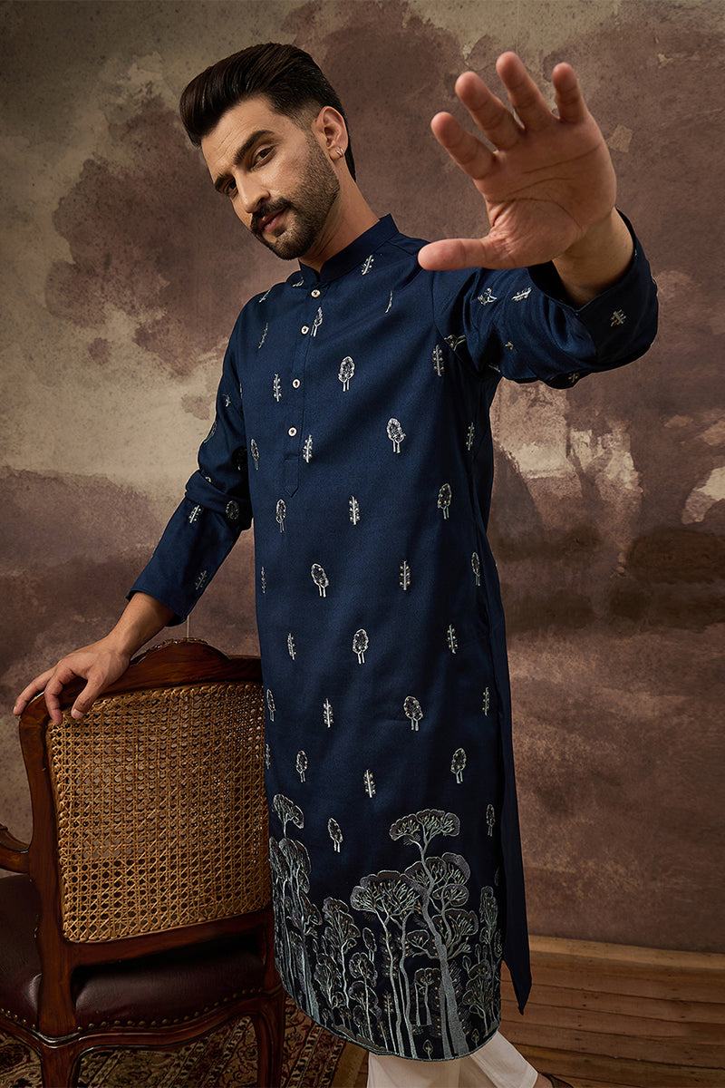 Navy Blue Silk Blend Solid Embroidered Straight Kurta MKU1334