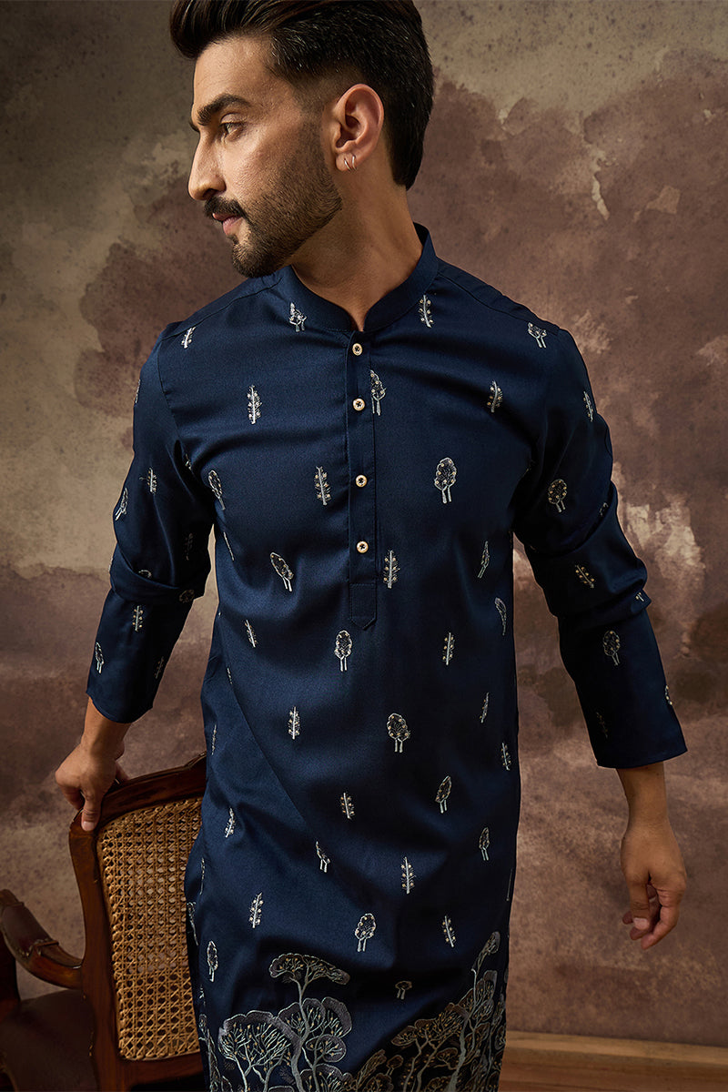 Navy Blue Silk Blend Solid Embroidered Straight Kurta MKU1334