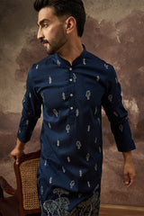 Navy Blue Silk Blend Solid Embroidered Straight Kurta MKU1334
