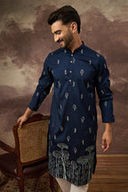 Navy Blue Silk Blend Solid Embroidered Straight Kurta MKU1334