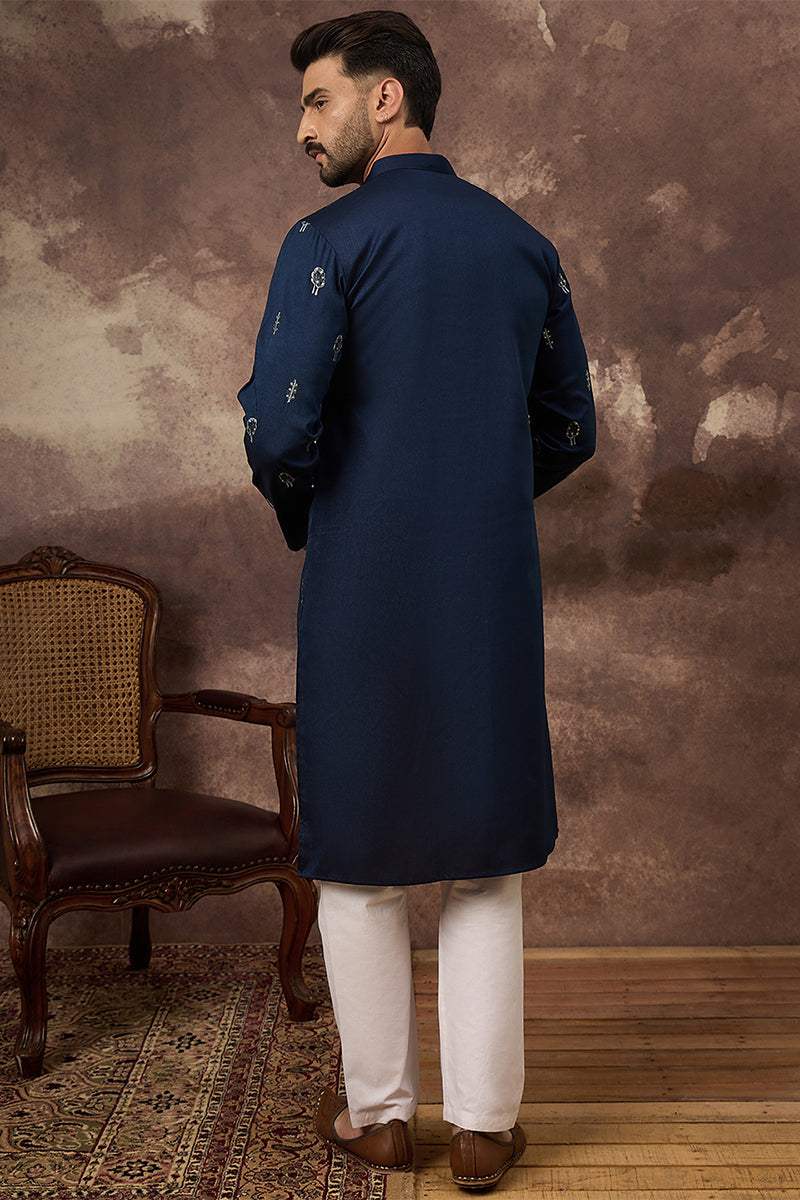 Navy Blue Silk Blend Solid Embroidered Straight Kurta MKU1334