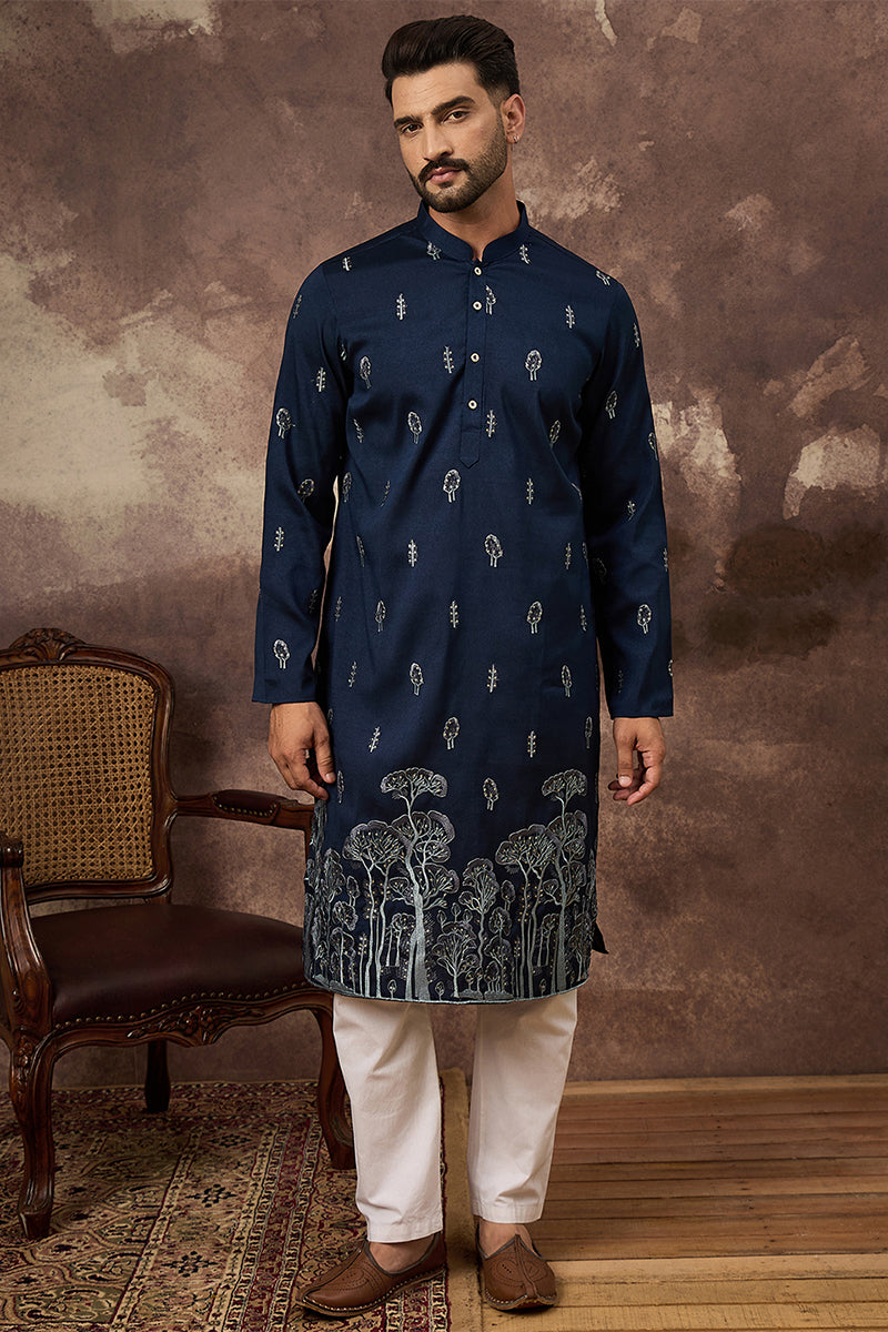 Navy Blue Silk Blend Solid Embroidered Straight Kurta MKU1334