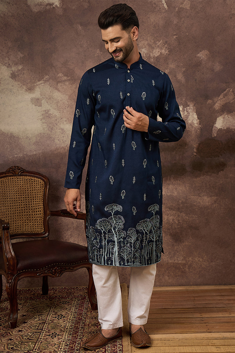 Navy Blue Silk Blend Solid Embroidered Straight Kurta MKU1334
