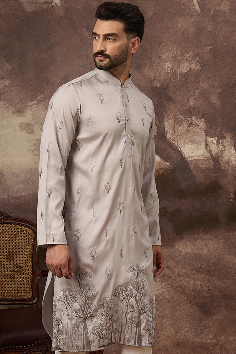 Grey Silk Blend Solid Embroidered Straight Kurta MKU1335