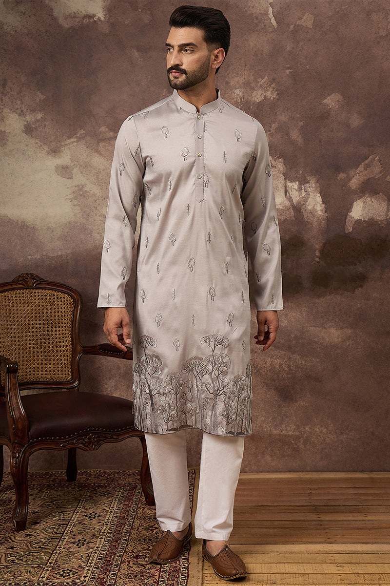 Grey Silk Blend Solid Embroidered Straight Kurta MKU1335