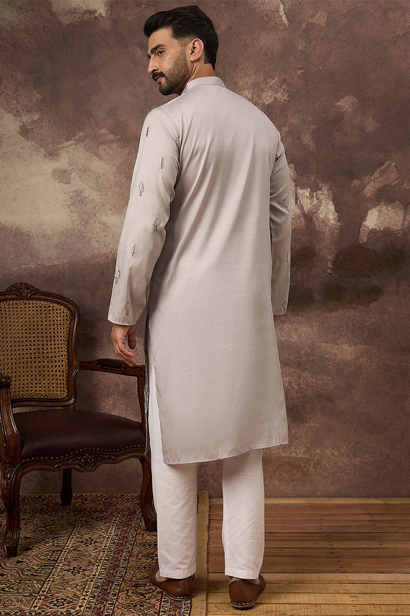 Grey Silk Blend Solid Embroidered Straight Kurta MKU1335