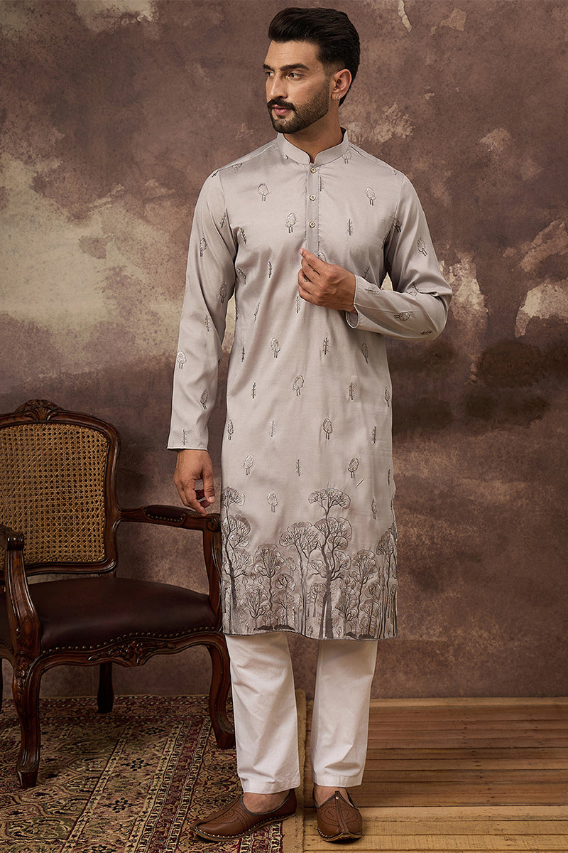 Grey Silk Blend Embroidered Indian Wear for Men MKU1335 | DesiQlo