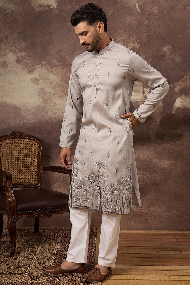 Grey Silk Blend Solid Embroidered Straight Kurta MKU1335