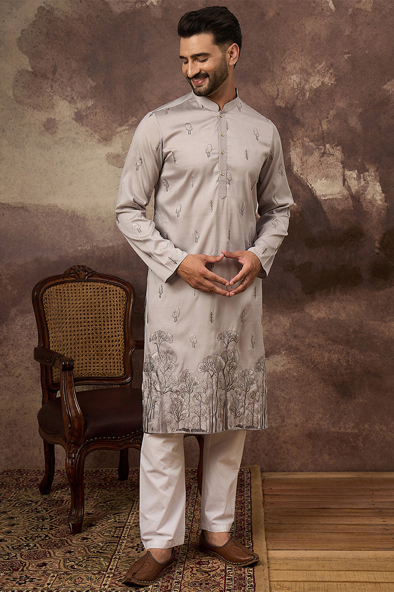 Grey Silk Blend Solid Embroidered Straight Kurta MKU1335