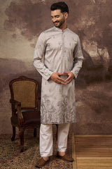 Grey Silk Blend Solid Embroidered Straight Kurta MKU1335