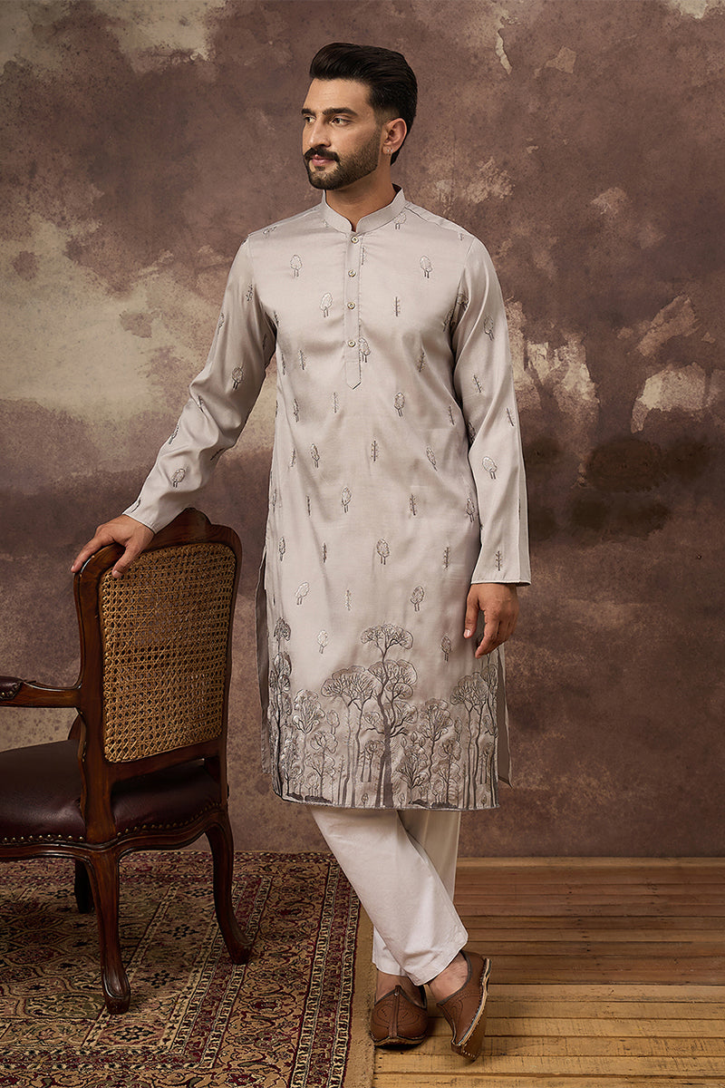 Grey Silk Blend Solid Embroidered Straight Kurta MKU1335