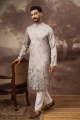 Grey Silk Blend Solid Embroidered Straight Kurta MKU1335