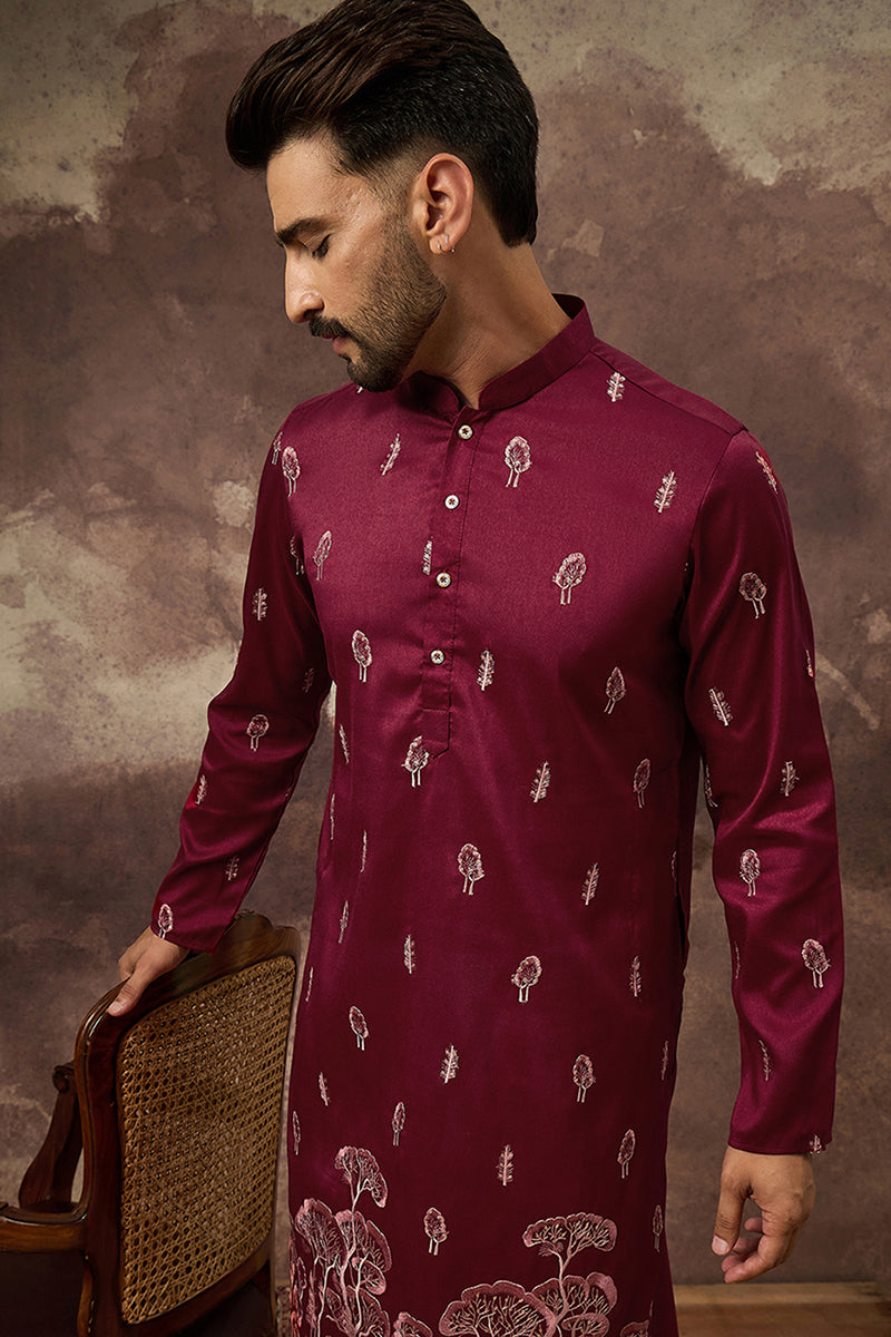 Maroon Silk Blend Solid Embroidered Straight Kurta MKU1336