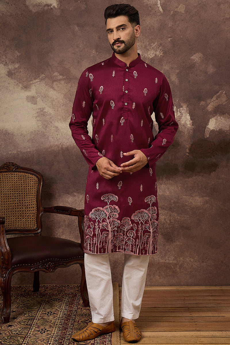 Maroon Silk Blend Solid Embroidered Straight Kurta MKU1336