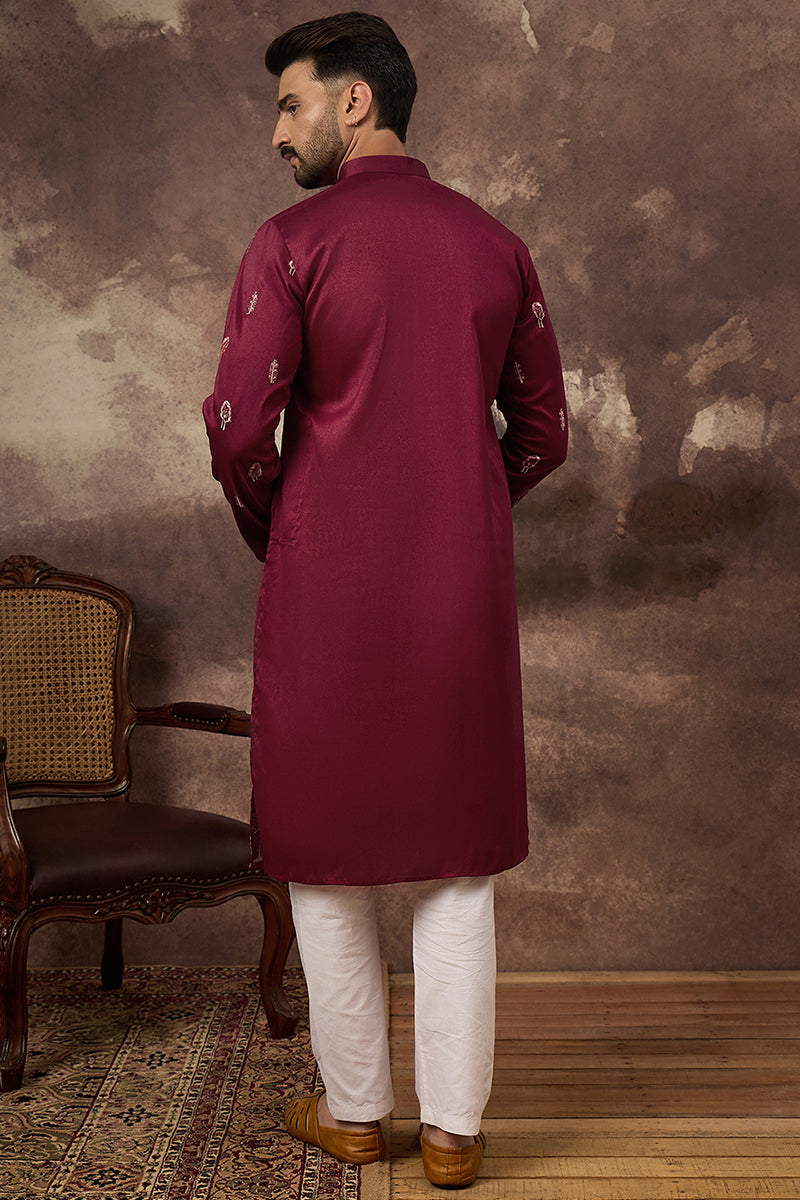 Maroon Silk Blend Solid Embroidered Straight Kurta MKU1336