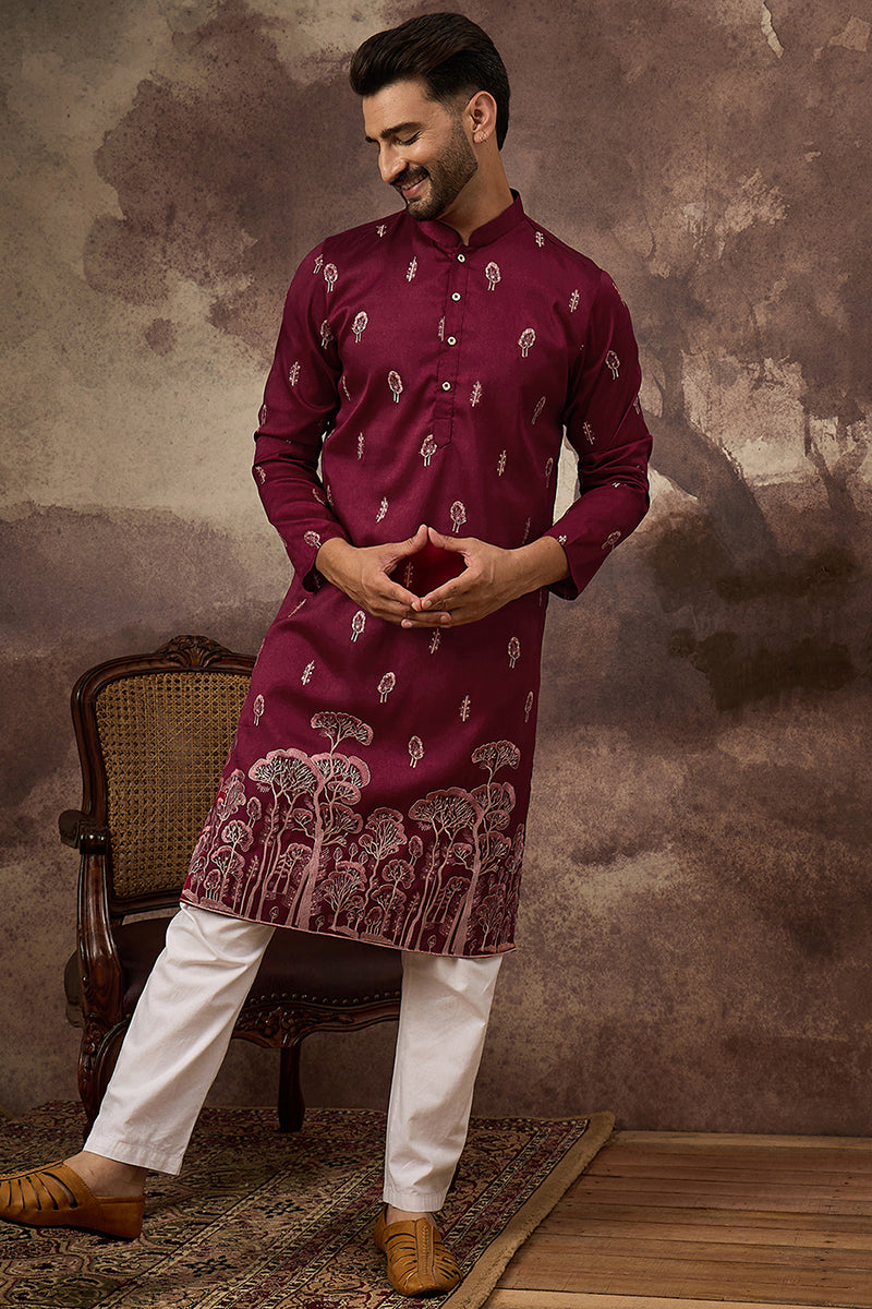 Maroon Silk Blend Solid Embroidered Straight Kurta MKU1336