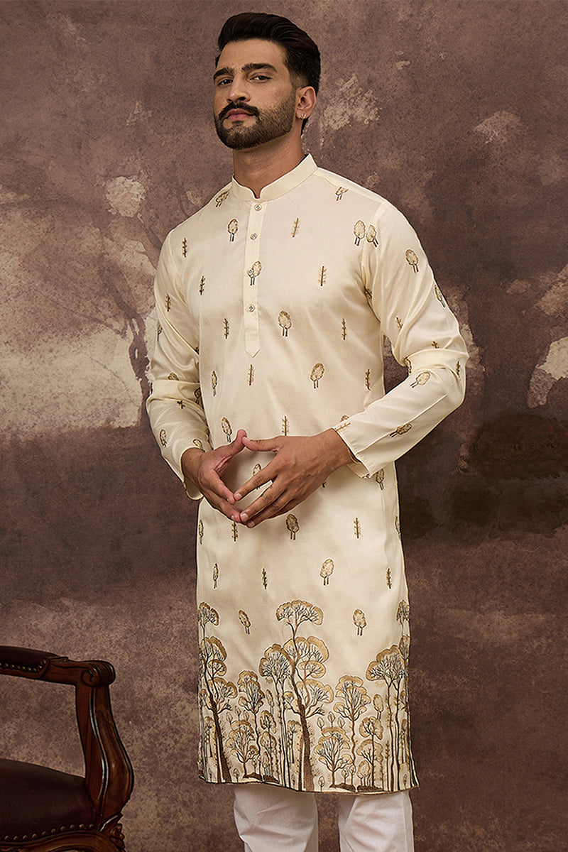 White Silk Blend Embroidered Indian Wear for Men MKU1337 | DesiQlo
