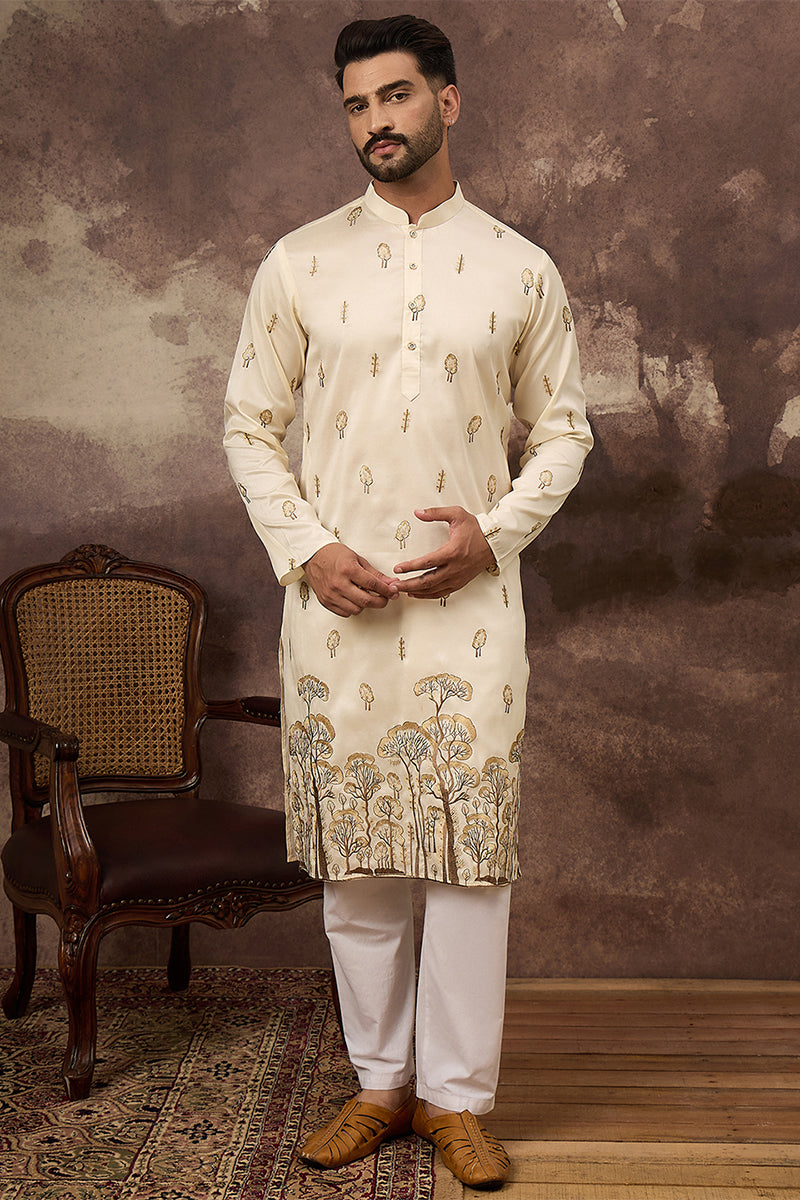 White Silk Blend Embroidered Indian Wear for Men MKU1337 | DesiQlo
