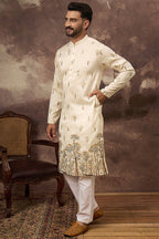 White Silk Blend Solid Embroidered Straight Kurta MKU1337