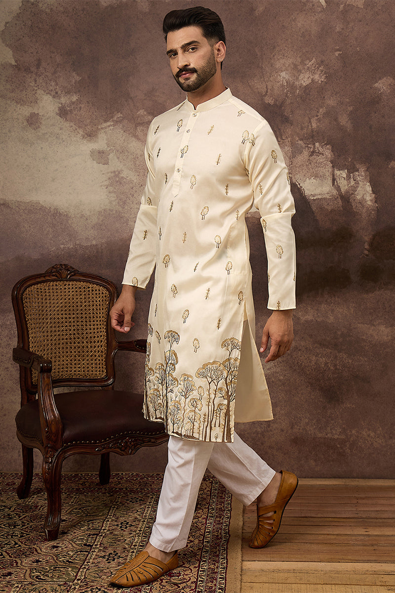 White Silk Blend Solid Embroidered Straight Kurta MKU1337