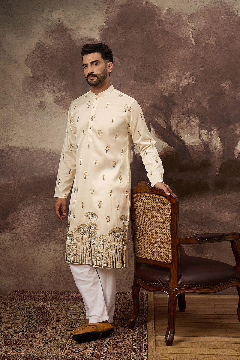 White Silk Blend Solid Embroidered Straight Kurta MKU1337