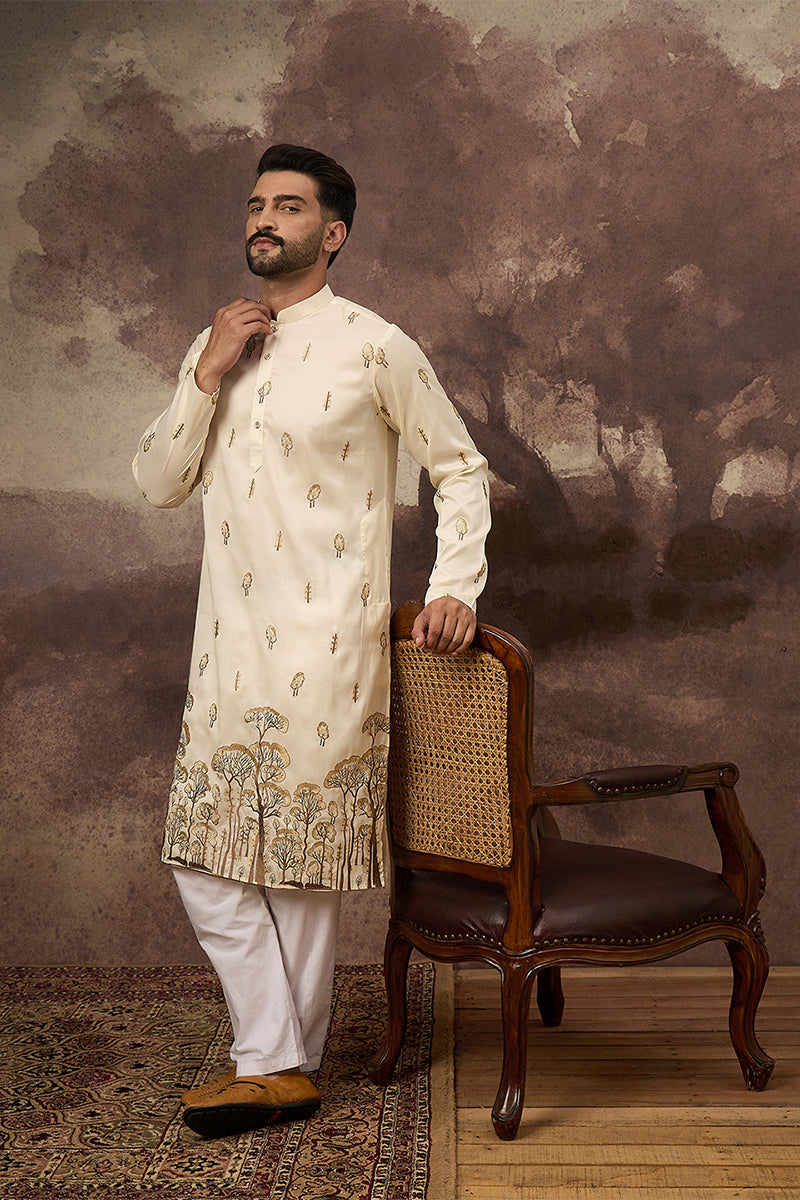 White Silk Blend Solid Embroidered Straight Kurta MKU1337
