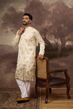 White Silk Blend Solid Embroidered Straight Kurta MKU1337