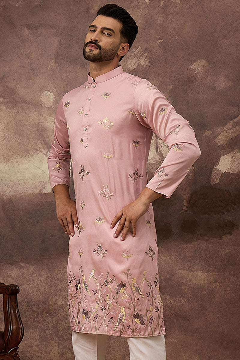 Peach Silk Blend Solid Embroidered Straight Kurta MKU1339