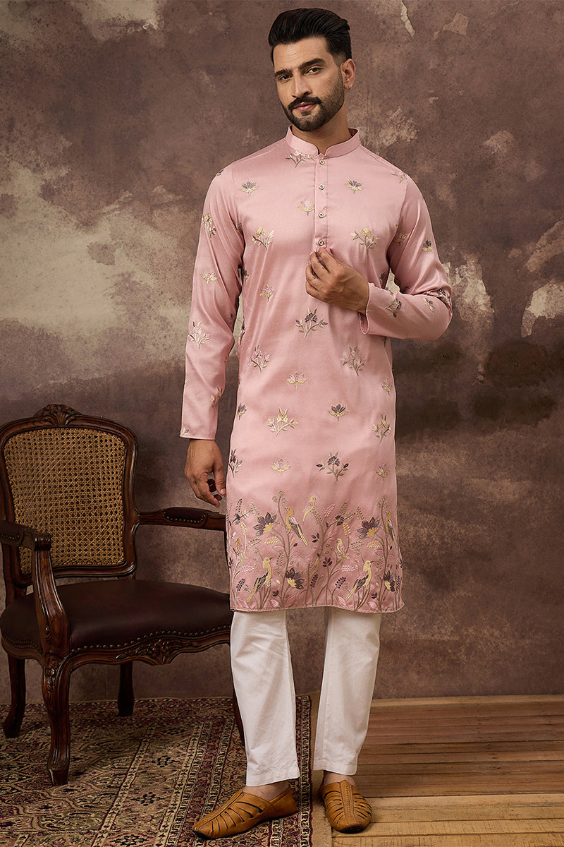 Peach Silk Blend Solid Embroidered Straight Kurta MKU1339