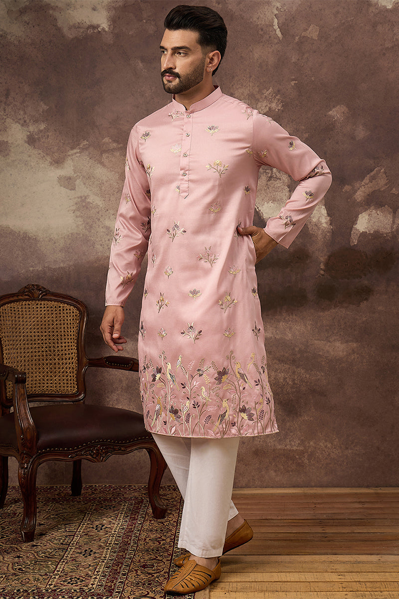 Peach Silk Blend Solid Embroidered Straight Kurta MKU1339
