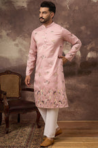 Peach Silk Blend Solid Embroidered Straight Kurta MKU1339
