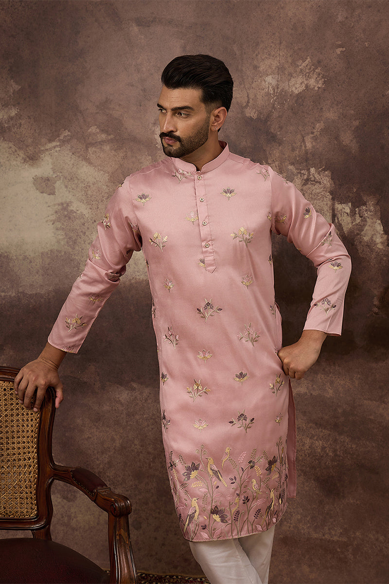 Peach Silk Blend Solid Embroidered Straight Kurta MKU1339
