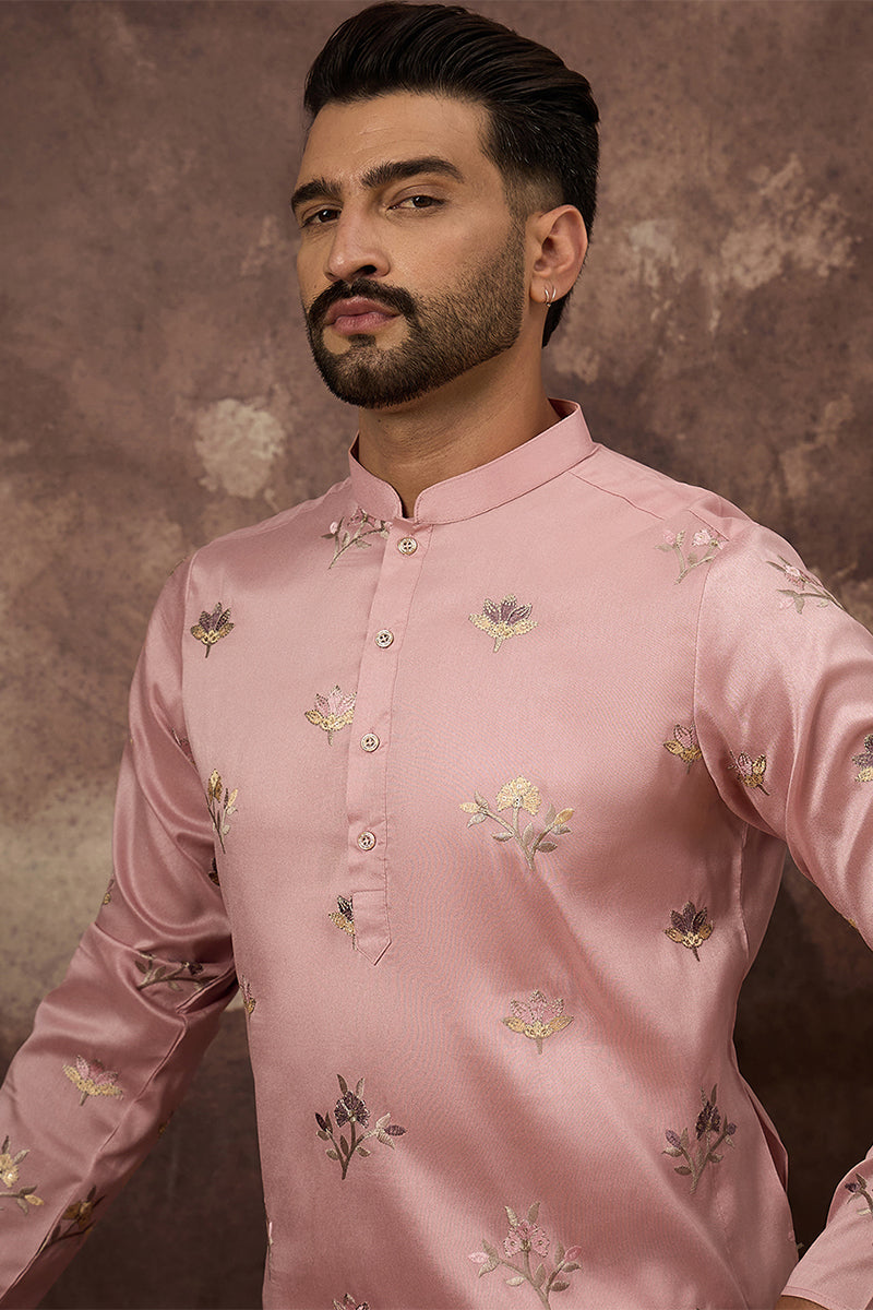 Peach Silk Blend Solid Embroidered Straight Kurta MKU1339