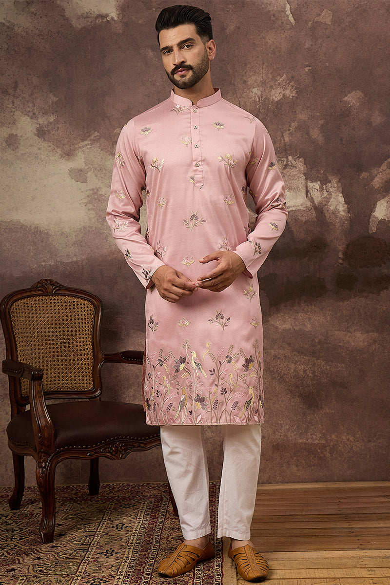 Peach Silk Blend Solid Embroidered Straight Kurta MKU1339