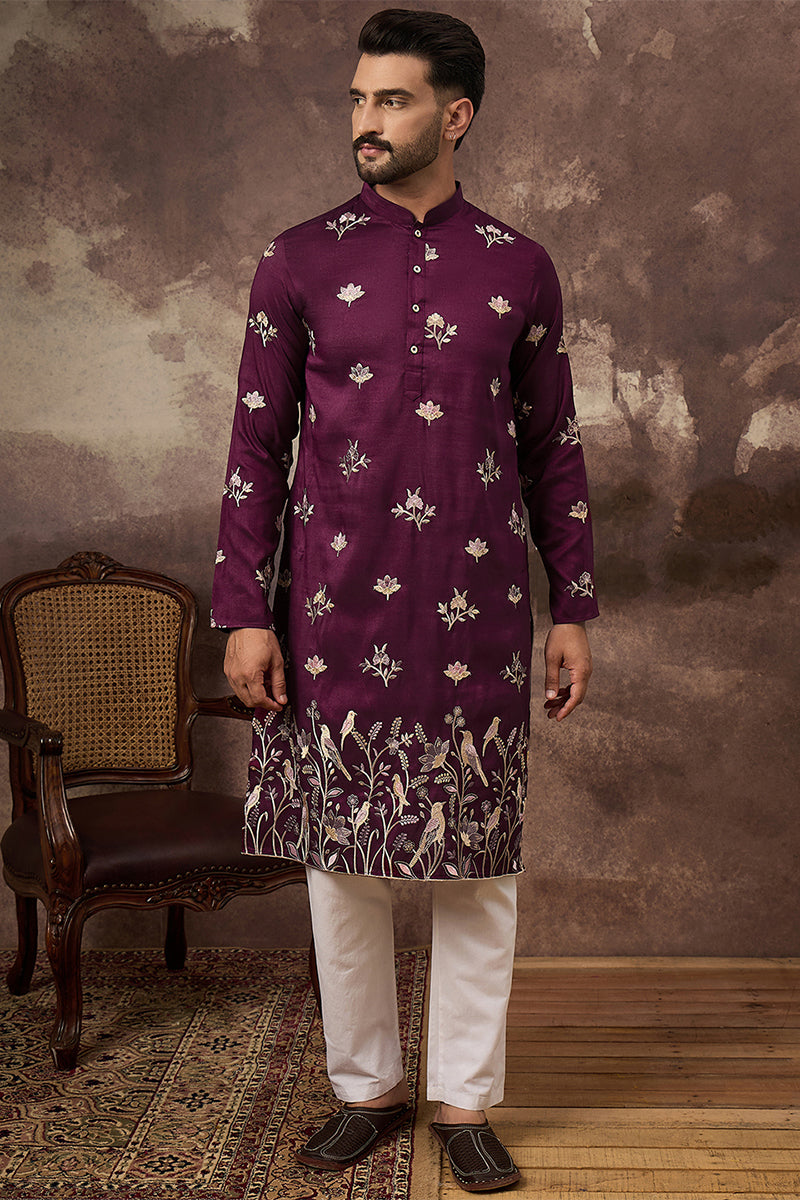 Purple Silk Blend Solid Embroidered Straight Kurta MKU1340