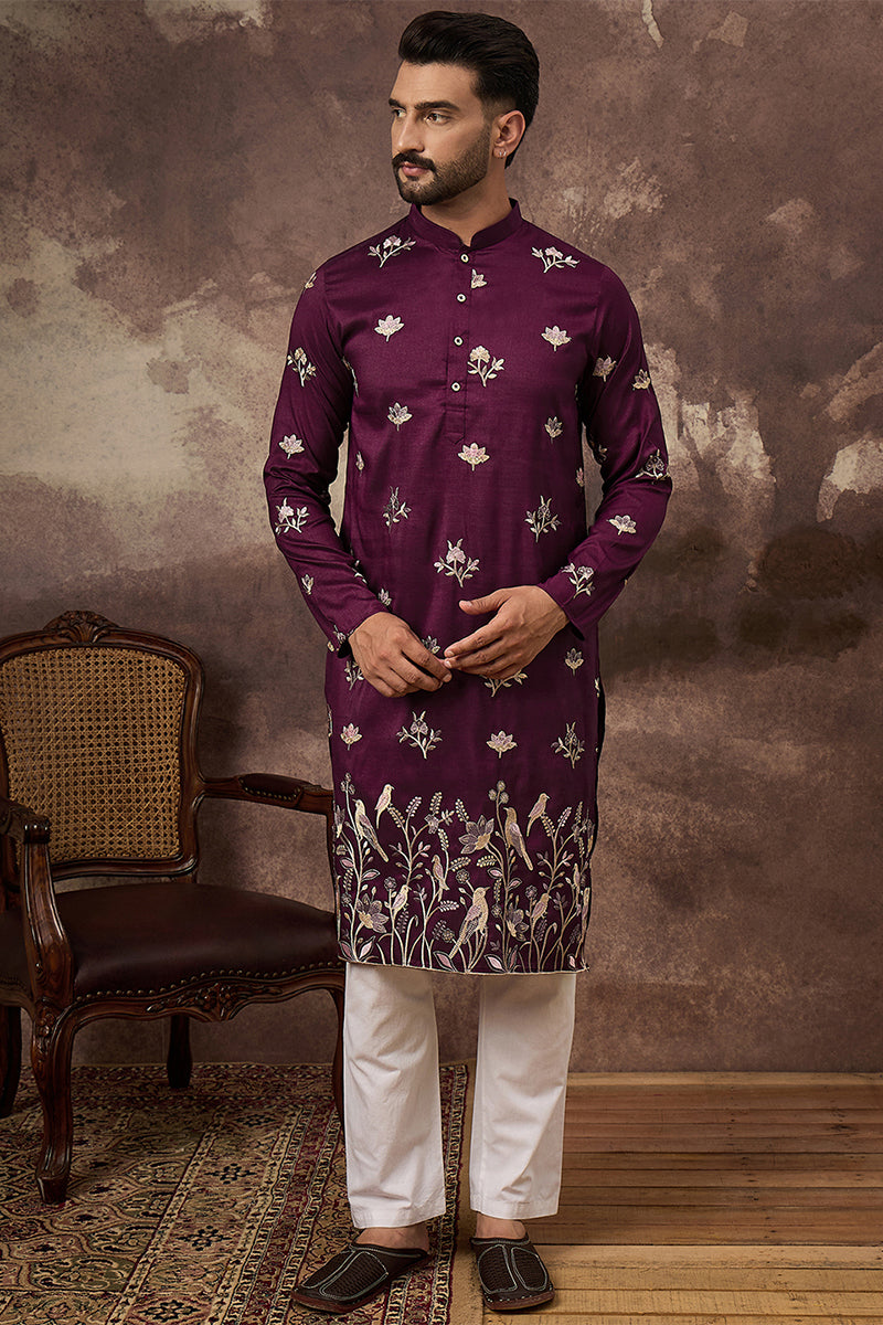 Purple Silk Blend Solid Embroidered Straight Kurta MKU1340