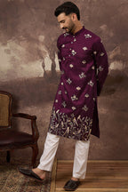 Purple Silk Blend Solid Embroidered Straight Kurta MKU1340