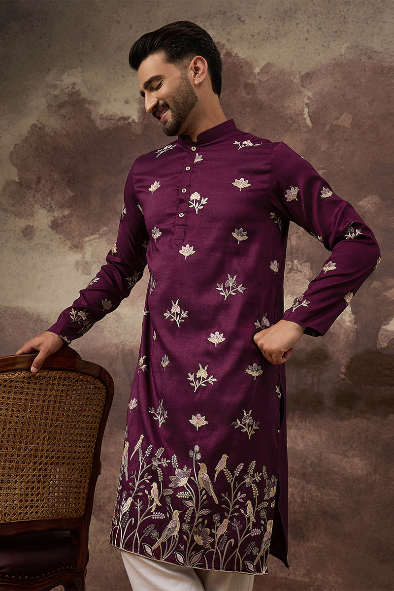 Purple Silk Blend Solid Embroidered Straight Kurta MKU1340