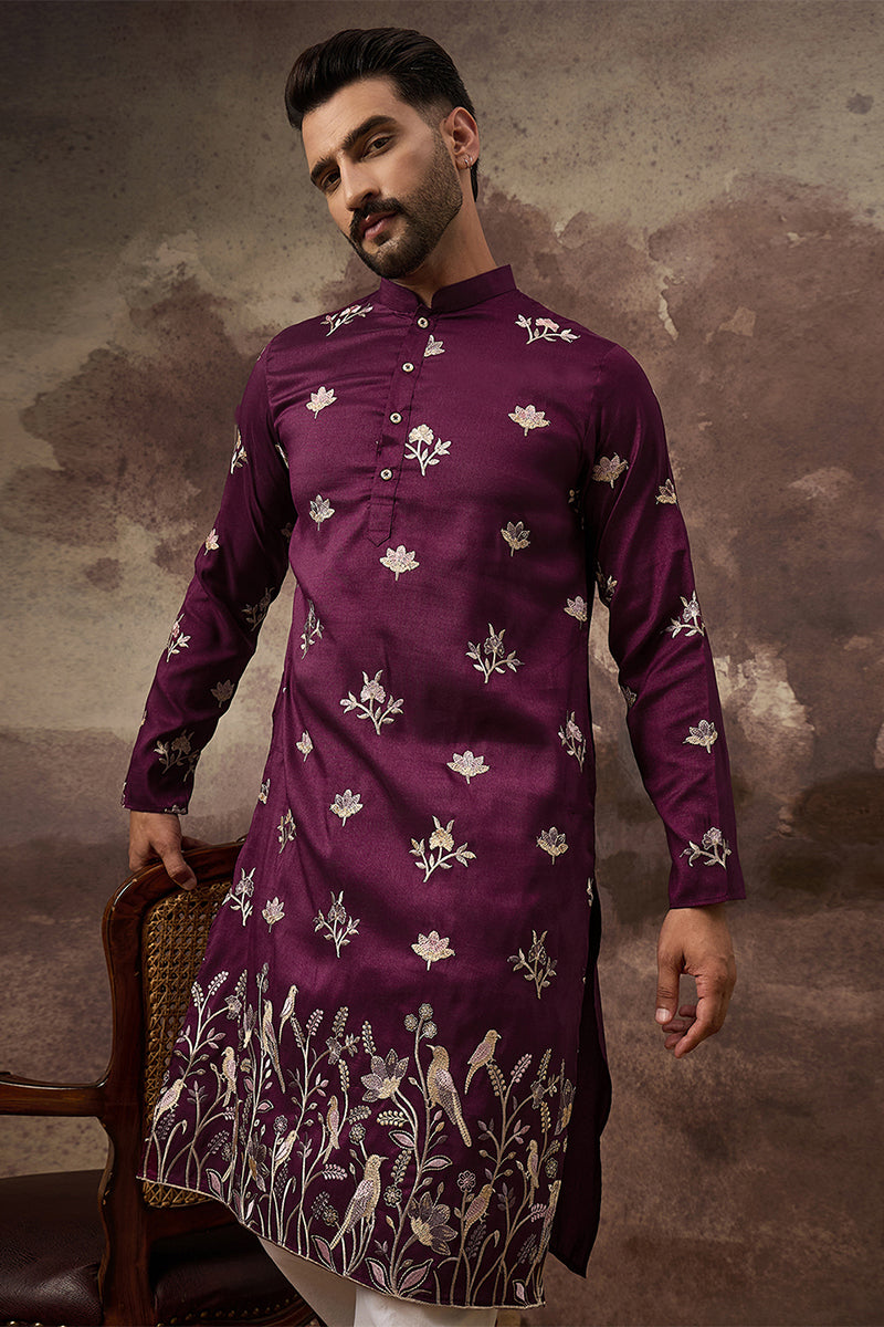 Purple Silk Blend Solid Embroidered Straight Kurta MKU1340