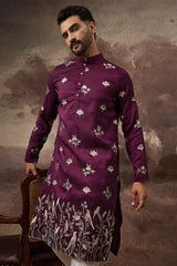 Purple Silk Blend Solid Embroidered Straight Kurta MKU1340
