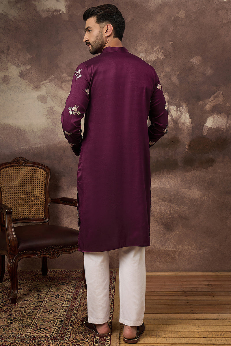 Purple Silk Blend Solid Embroidered Straight Kurta MKU1340