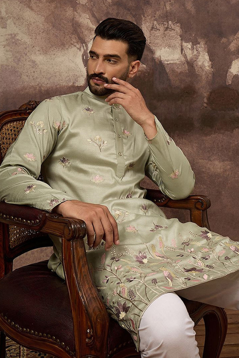 Green Silk Blend Solid Embroidered Straight Kurta MKU1341