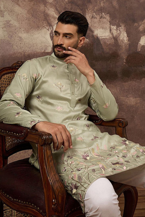 Green Silk Blend Solid Embroidered Straight Kurta MKU1341