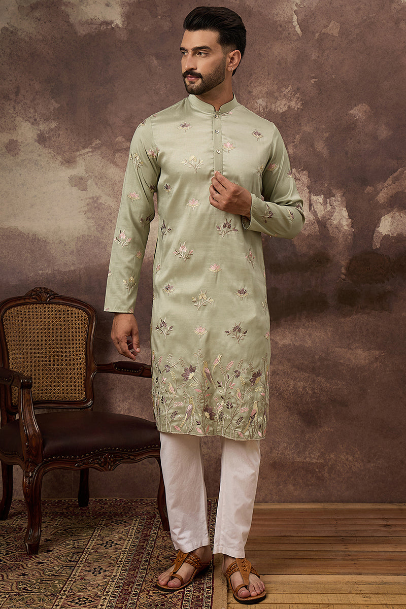 Green Silk Blend Solid Embroidered Straight Kurta MKU1341