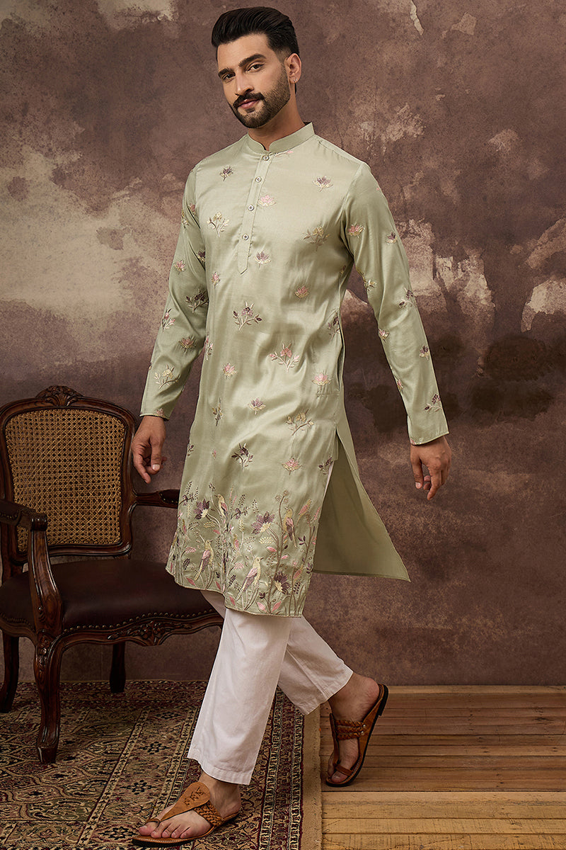 Green Silk Blend Solid Embroidered Straight Kurta MKU1341