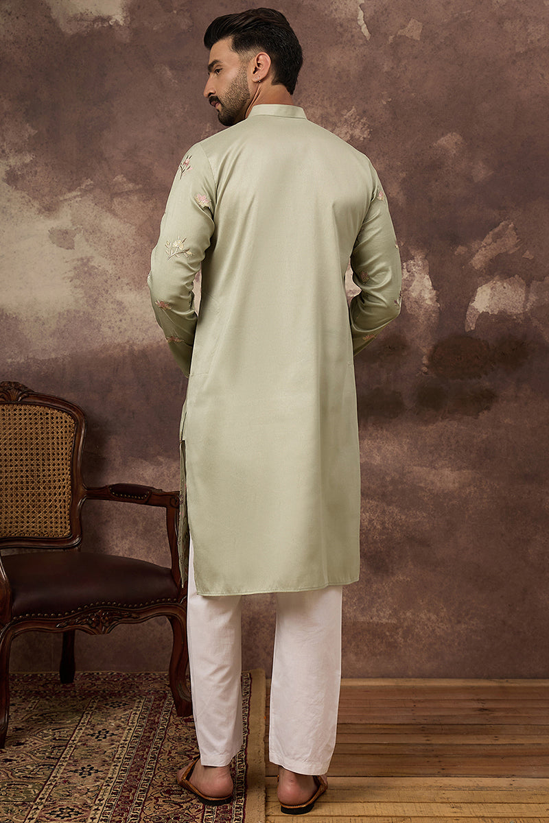 Green Silk Blend Solid Embroidered Straight Kurta MKU1341