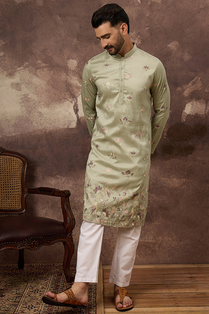 Green Silk Blend Solid Embroidered Straight Kurta MKU1341